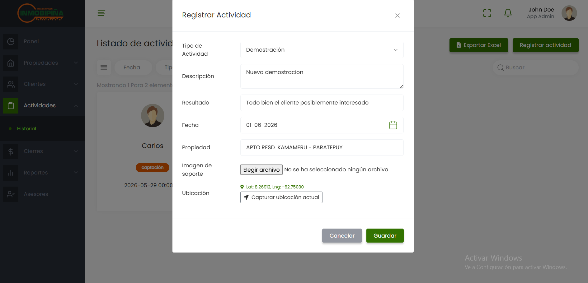 Modal de Registrar Actividad